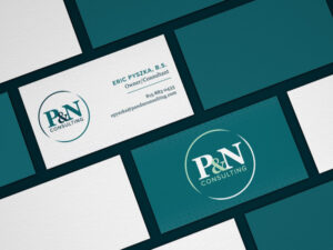 P&N logo and business cards in grid pattern