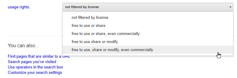 Google Advanced search  showing usage rights options